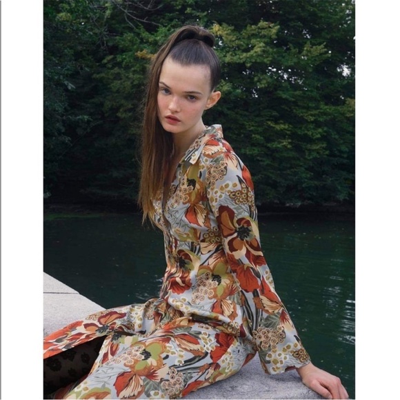 ZARA Blue Silky Satin Floral Printed Long Sleeve Button Down Midi Shirt Dress - Picture 5 of 17